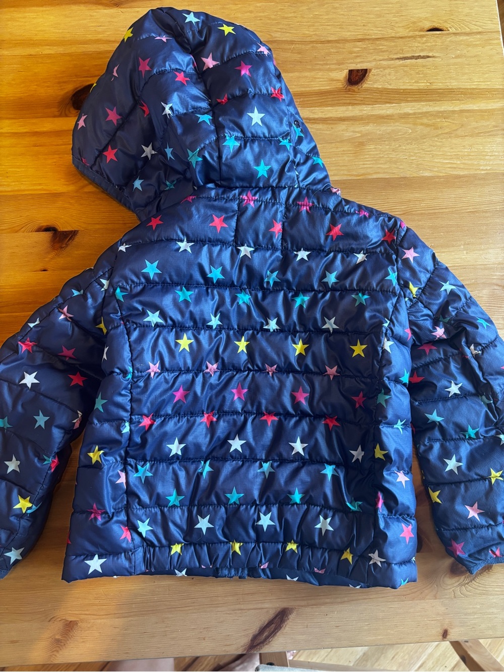 Primary Navy Hooded Puffer Jacket with Multicolor Star Print